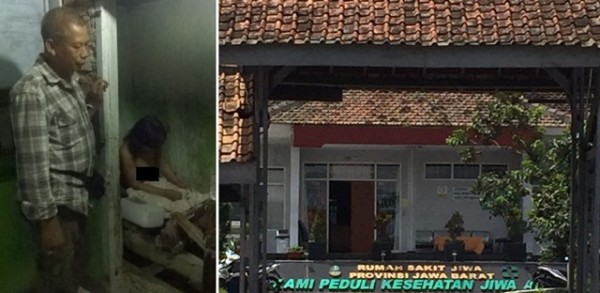 Pembina Yayasan Belajar Bersama Ayi Vivananda (kiri) saat hendak mengevakuasi wanita dalam pasungan, Juju Juariah, ke RSJ Cisarua Lembang, Senin (4/4).ist