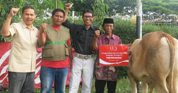  Manager IR Coca-Cola Amatil Indonesia, M Ishaq menyerahkan 3 ekor sapi dan 3 ekor kambing secara simbolis kepada ketua RW 1, 2, dan 3, Desa Cihanjuang, Kec Cimanggung, Kab Sumedang, Kamis(8/9). by PAC CCAI