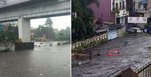 Mobil terseret banjir seperti tsunami kecil di Kota Bandung, Senin (24/10). Banjir menimbulkan 1 tewas  dan ribuan rumah warga terendam. by BNPB