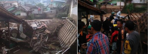 Rumah warga di Desa Margamulya, Kec Pasirjambu (kanan) dan rumah lainnya di Kec Ciwidey, ambruk dan hanyut diterjang banjir bandang Sungai Ciwidey, sekitar pukul 15.30 WIB, Rabu (3/5).by ist