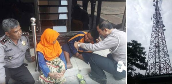 Kapolsek Dayeuhkolot Kompol Drs Agus Setiawan berhasil membujuk Ujang Soleh (12) yang nekad manjat tower BTS di Kp. Radio RW.11 Desa Citeureup Kec. Dayeuhkolot Kab. Bandung, Kamis (14/9). by bb32